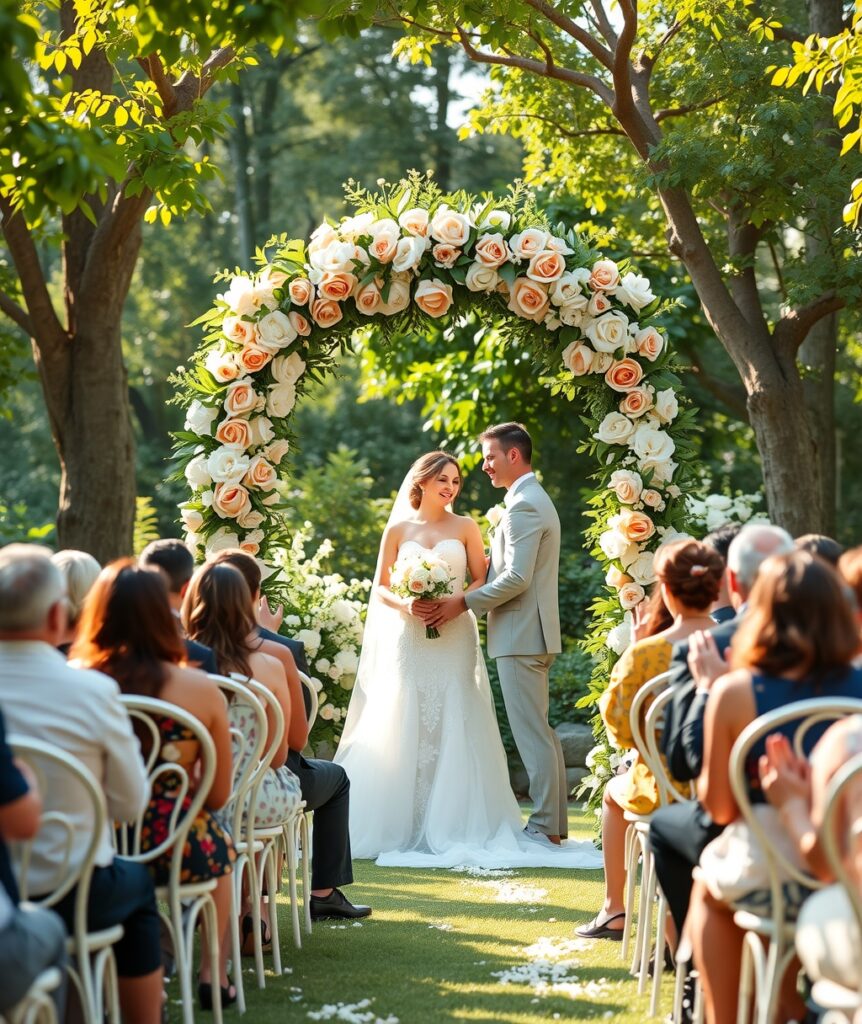 Elegant Wedding Ceremony Under a Floral Arch – free AI stock image