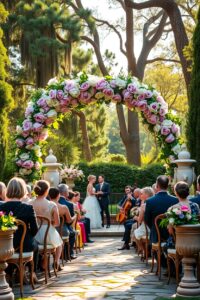 Elegant Wedding Ceremony Under a Floral Arch – free AI stock image