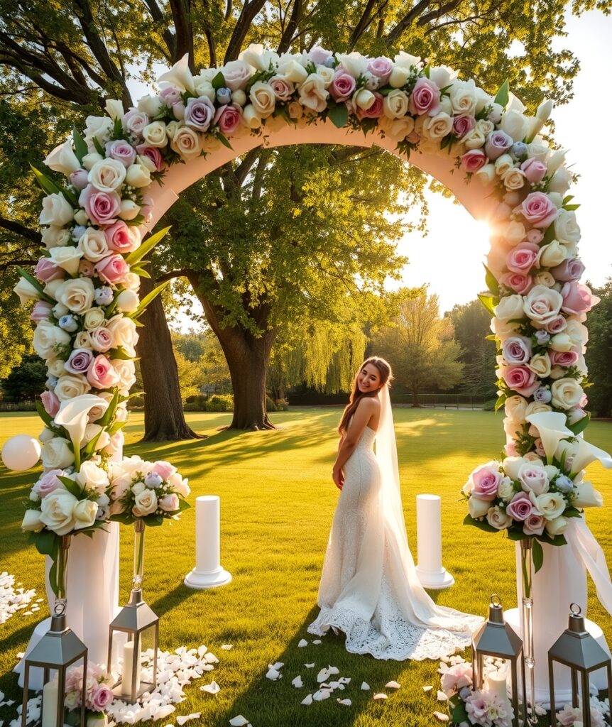 Elegant Wedding Ceremony Under a Floral Arch – free AI stock image