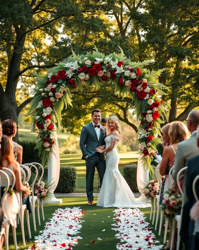 Elegant Wedding Ceremony Under a Floral Arch – free AI stock image