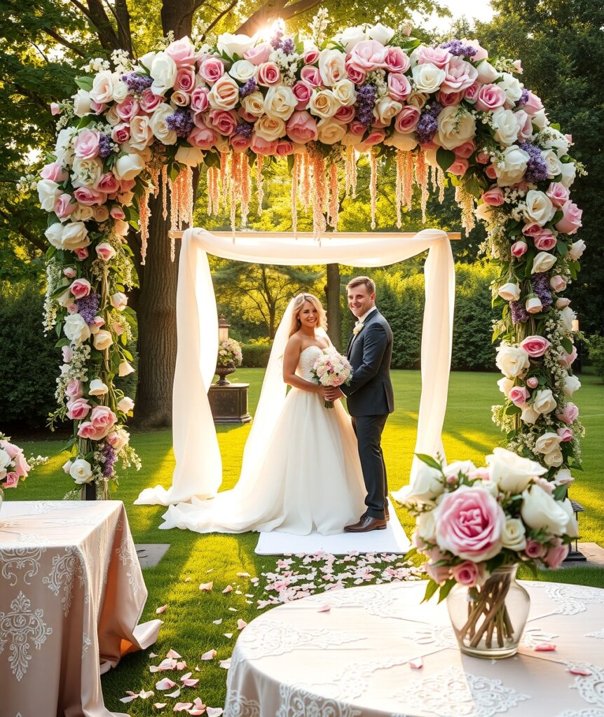 Elegant Wedding Ceremony Under a Floral Arch – free AI stock image