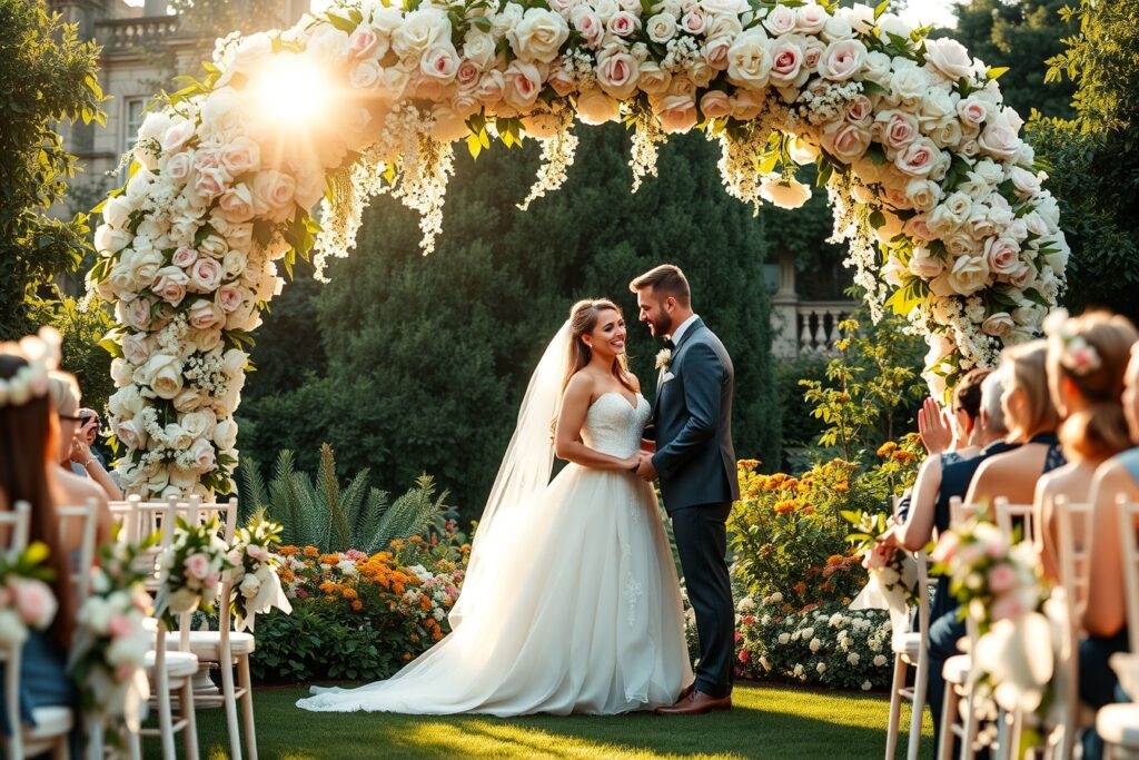 Elegant Wedding Ceremony Under a Flower Arch – free AI stock image