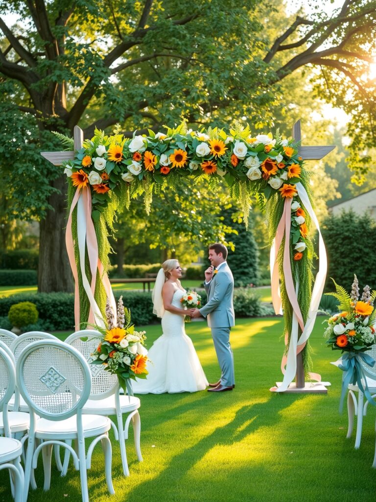 Elegant Wedding Ceremony Under an Arbor – free AI stock image
