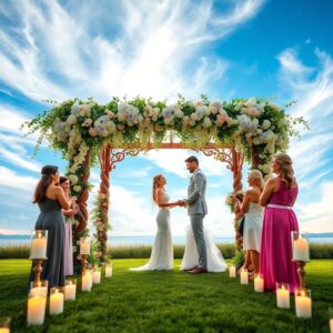 Elegant Wedding Ceremony Under Blooming Arbor – free AI stock image