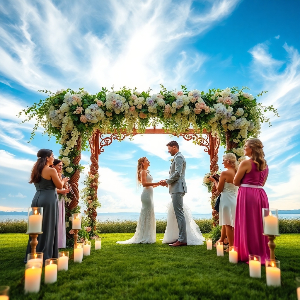 Elegant Wedding Ceremony Under Blooming Arbor – free AI stock image