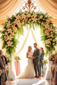 Elegant Wedding Ceremony Under Blooming Arch – free AI stock image