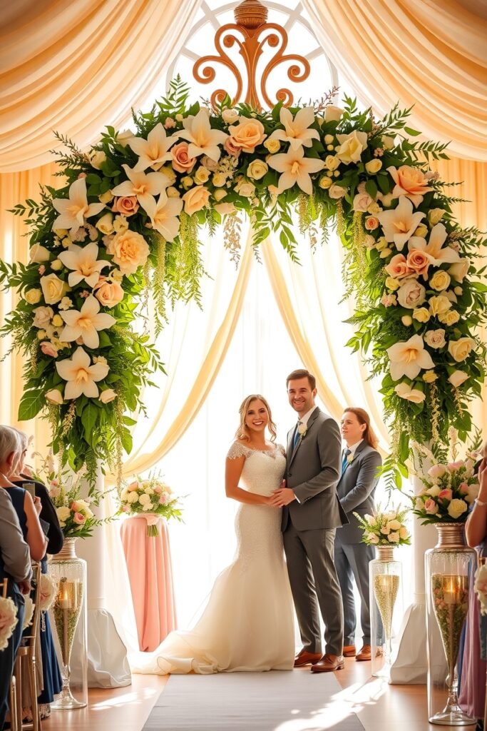Elegant Wedding Ceremony Under Blooming Arch – free AI stock image