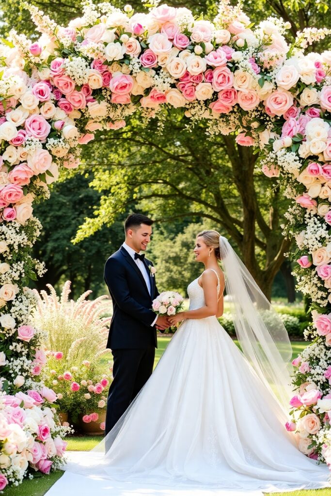 Elegant Wedding Ceremony Under Blooming Arch – free AI stock image