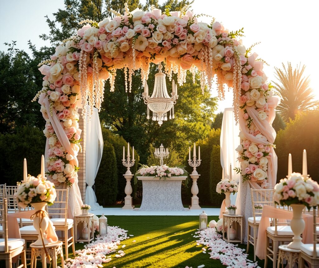 Elegant Wedding Ceremony Under Blooming Arches – free AI stock image