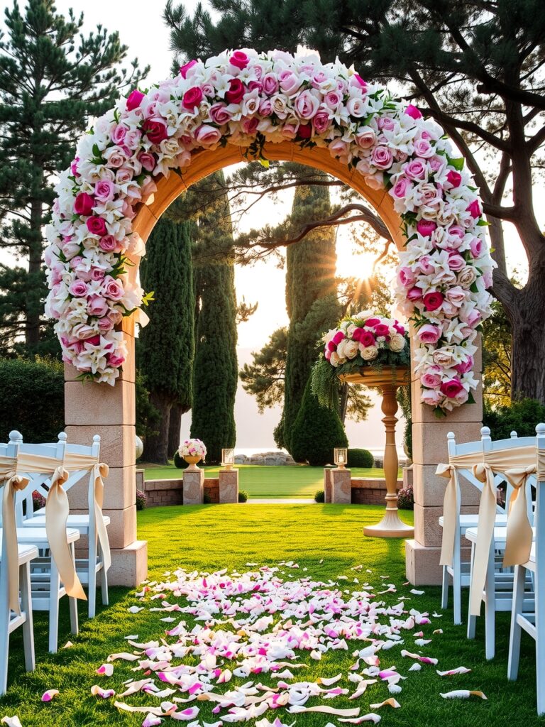Elegant Wedding Ceremony Under Blooming Arches – free AI stock image