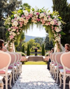 Elegant Wedding Ceremony Under Blooming Archway – free AI stock image