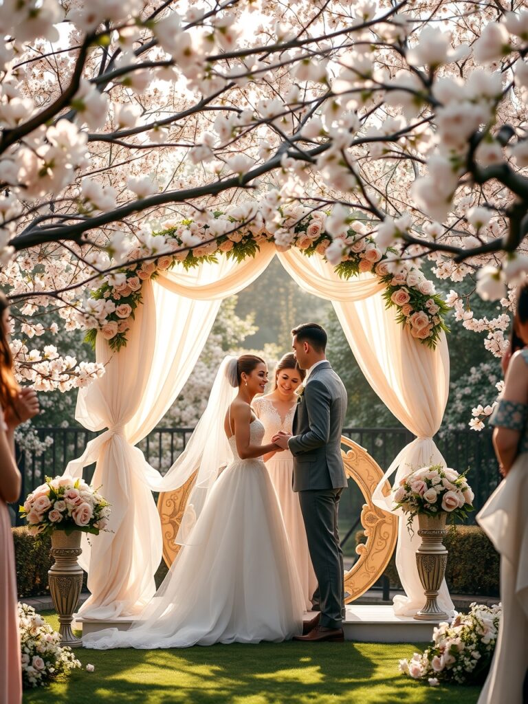 Elegant Wedding Ceremony Under Blooming Trees – free AI stock image