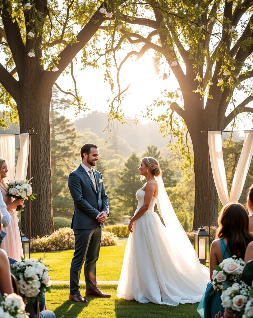 Elegant Wedding Ceremony Under Blooming Trees – free AI stock image
