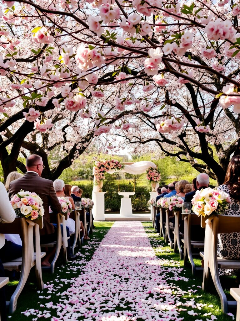 Elegant Wedding Ceremony Under Blossoming Trees – free AI stock image