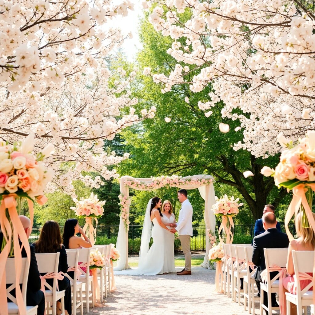 Elegant Wedding Ceremony Under Blossoming Trees – free AI stock image