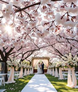 Elegant Wedding Ceremony Under Blossoming Trees – free AI stock image