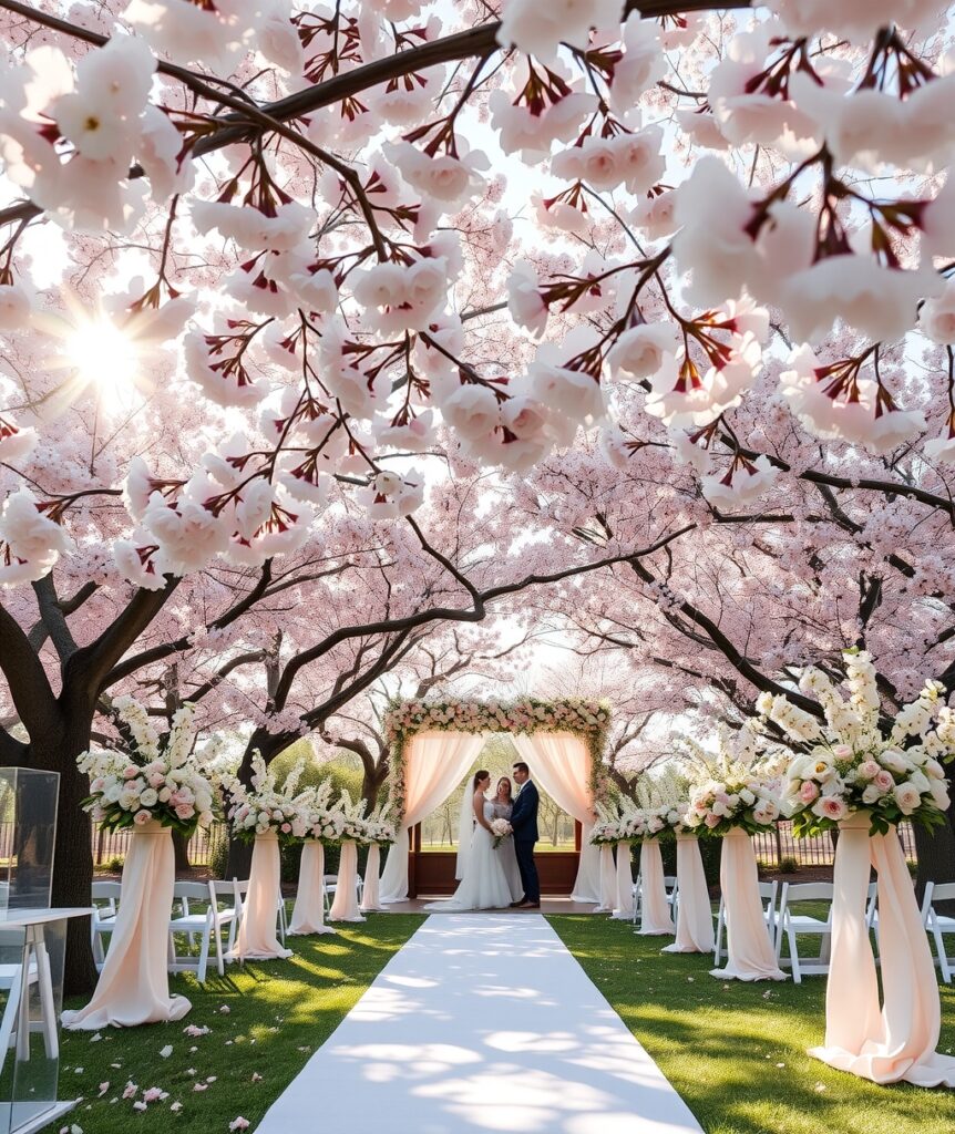 Elegant Wedding Ceremony Under Blossoming Trees – free AI stock image