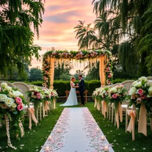 Elegant Wedding Ceremony Under Canopy Lights – free AI stock image