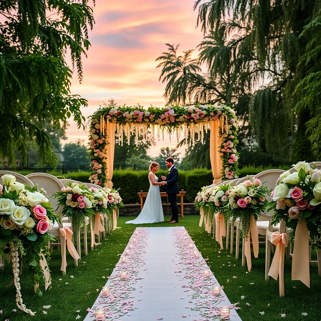 Elegant Wedding Ceremony Under Canopy Lights – free AI stock image