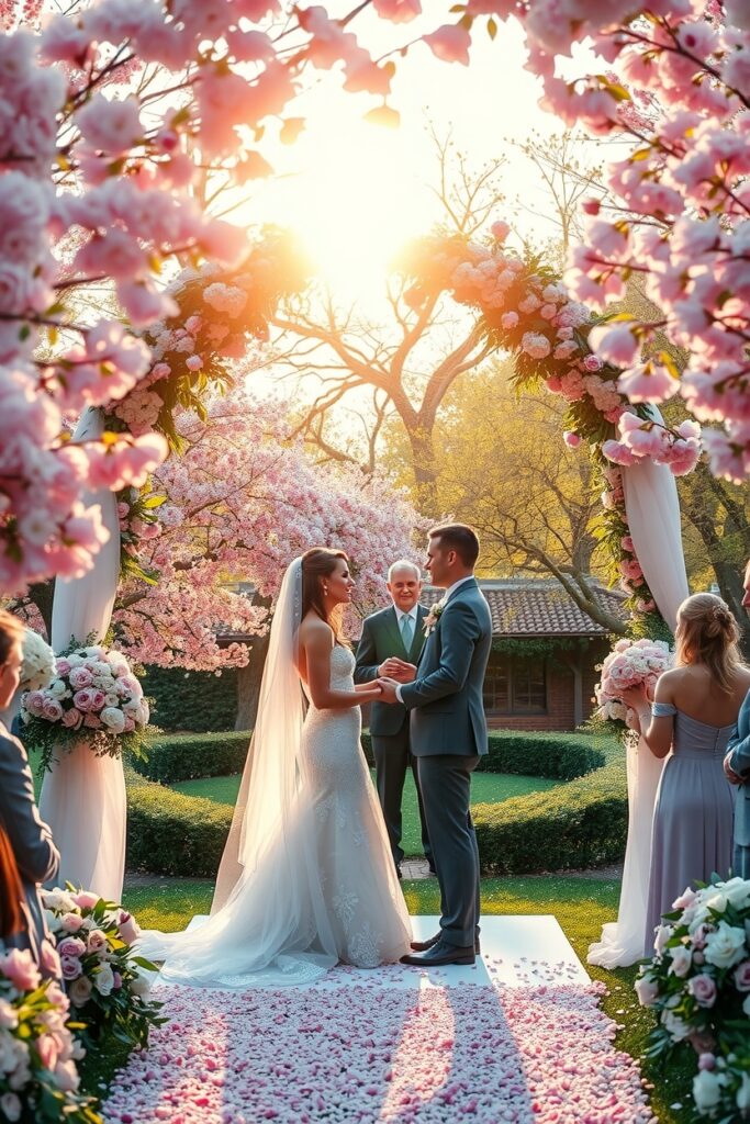 Elegant Wedding Ceremony Under Cherry Blossoms – free AI stock image