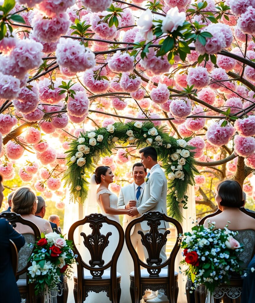 Elegant Wedding Ceremony Under Cherry Blossoms – free AI stock image
