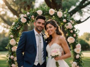 Elegant Wedding Ceremony Under Floral Arbor – free AI stock image