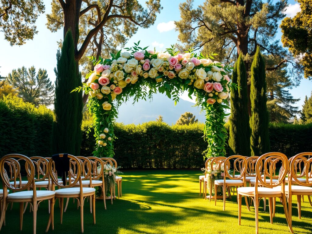 Elegant Wedding Ceremony Under Floral Arch – free AI stock image