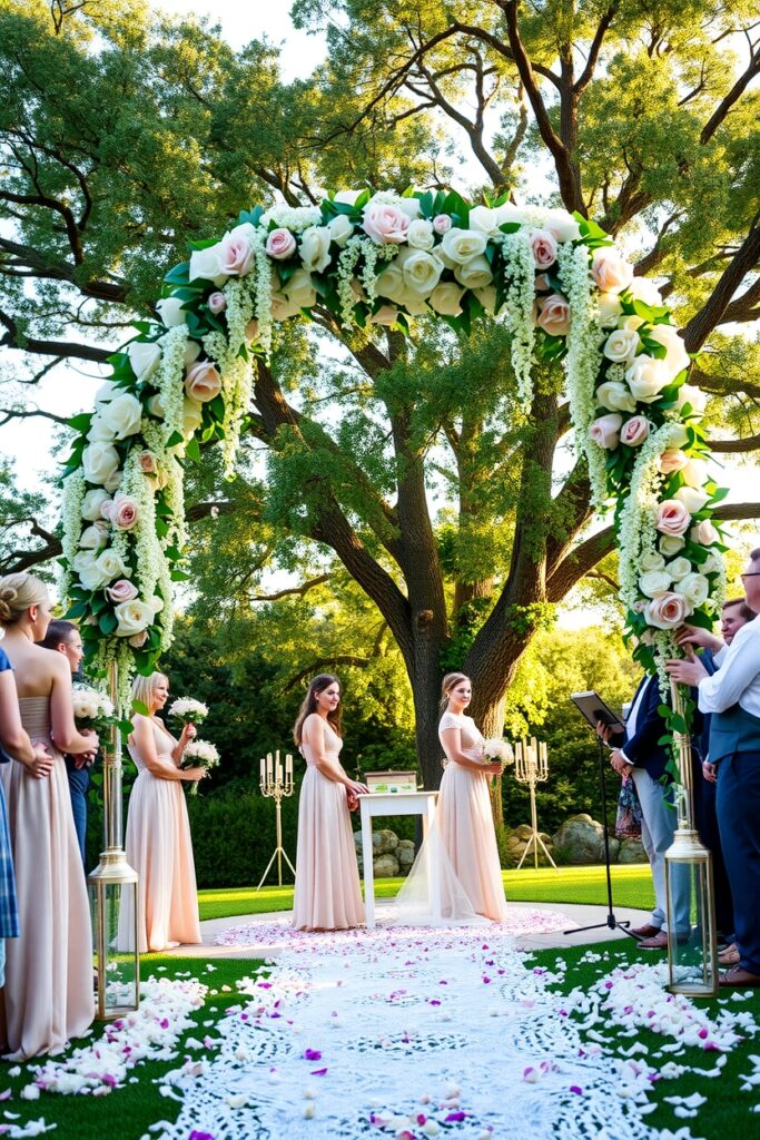 Elegant Wedding Ceremony Under Floral Arch – free AI stock image