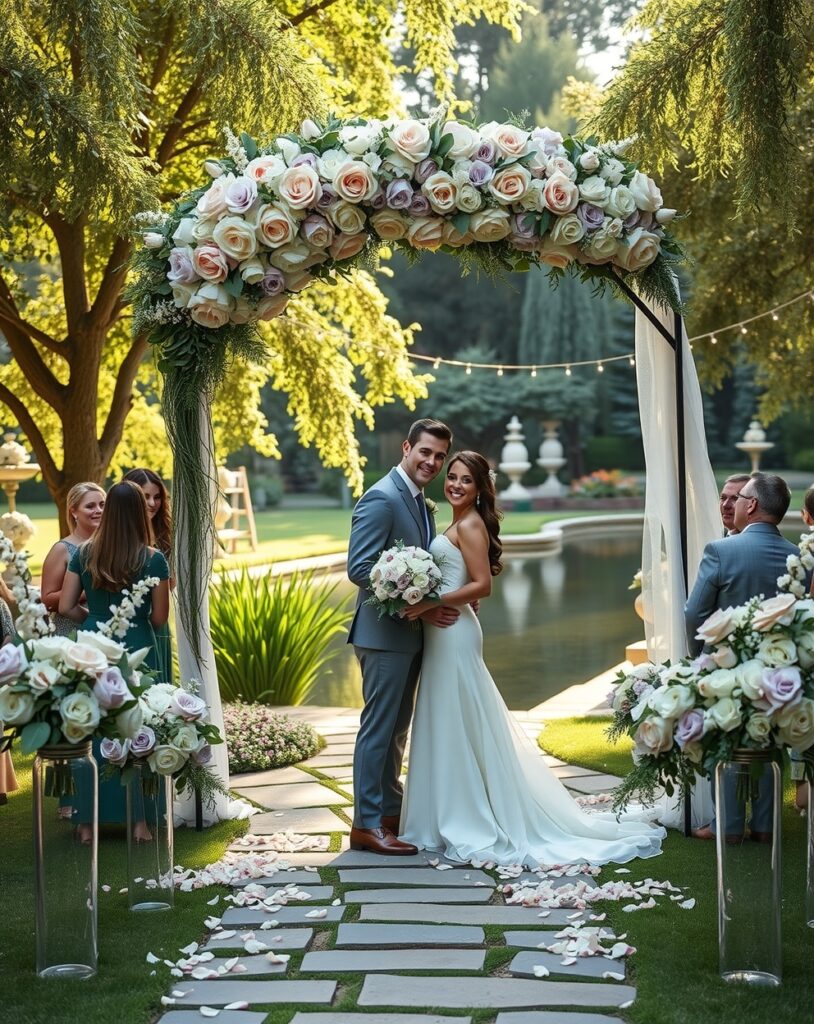 Elegant Wedding Ceremony Under Floral Arch – free AI stock image