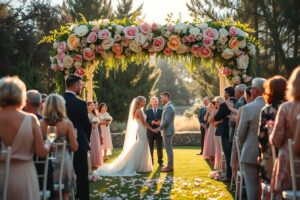 Elegant Wedding Ceremony Under Floral Arch – free AI stock image