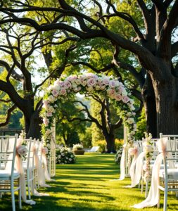 Elegant Wedding Ceremony Under Floral Arch – free AI stock image