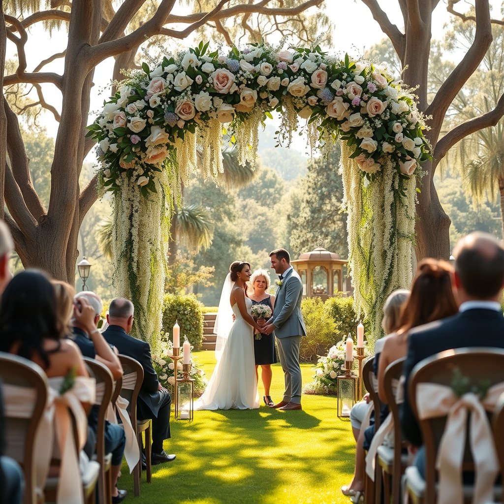 Elegant Wedding Ceremony Under Floral Arch – free AI stock image