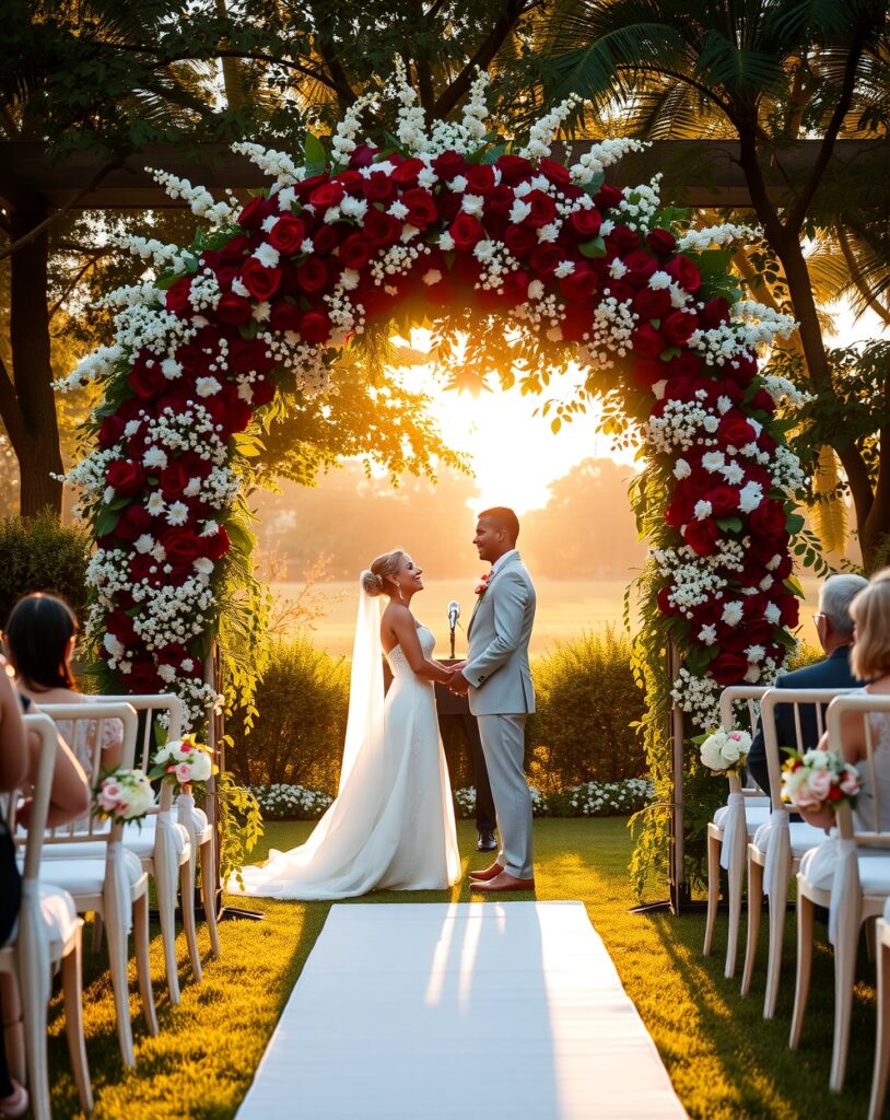 Elegant Wedding Ceremony Under Floral Arch – free AI stock image