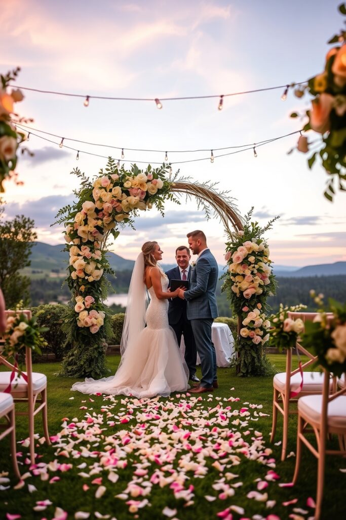 Elegant Wedding Ceremony Under Floral Archway – free AI stock image