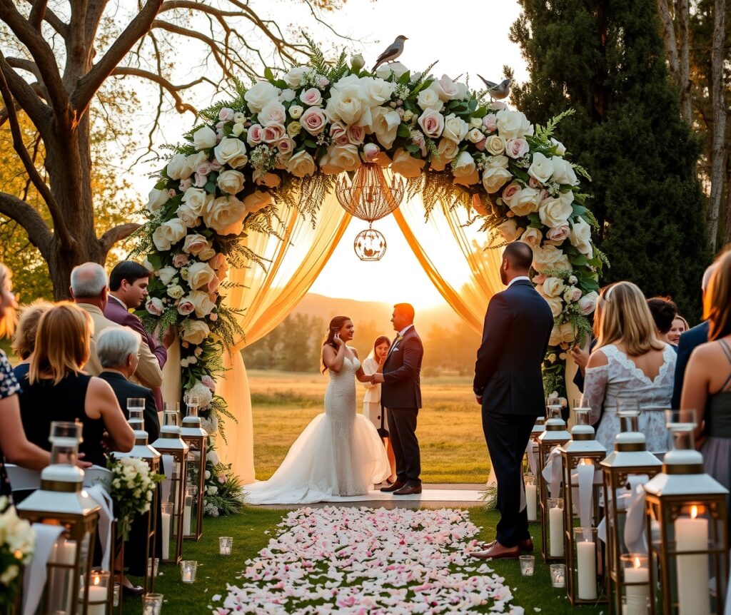 Elegant Wedding Ceremony under Flower Arch – free AI stock image