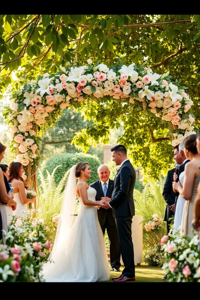 Elegant Wedding Ceremony Under Flower Arch – free AI stock image