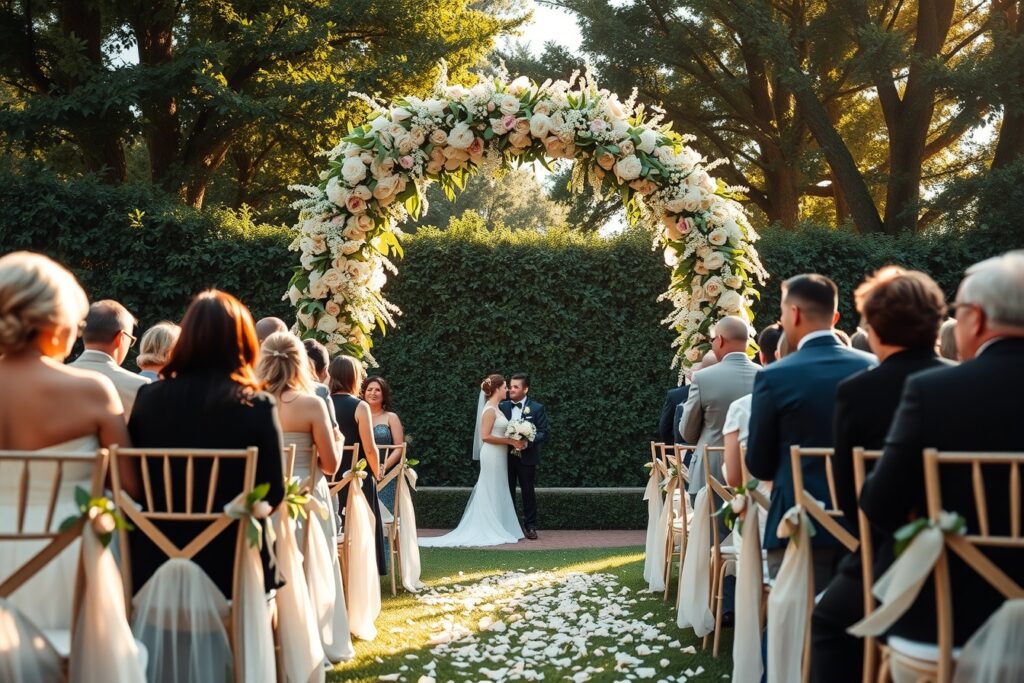 Elegant Wedding Ceremony Under Flower Arches – free AI stock image