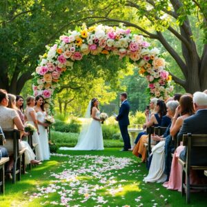 Elegant Wedding Ceremony under Flower Archway – free AI stock image