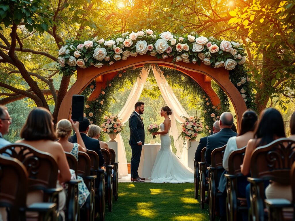 Elegant Wedding Ceremony Under the Arbor – free AI stock image
