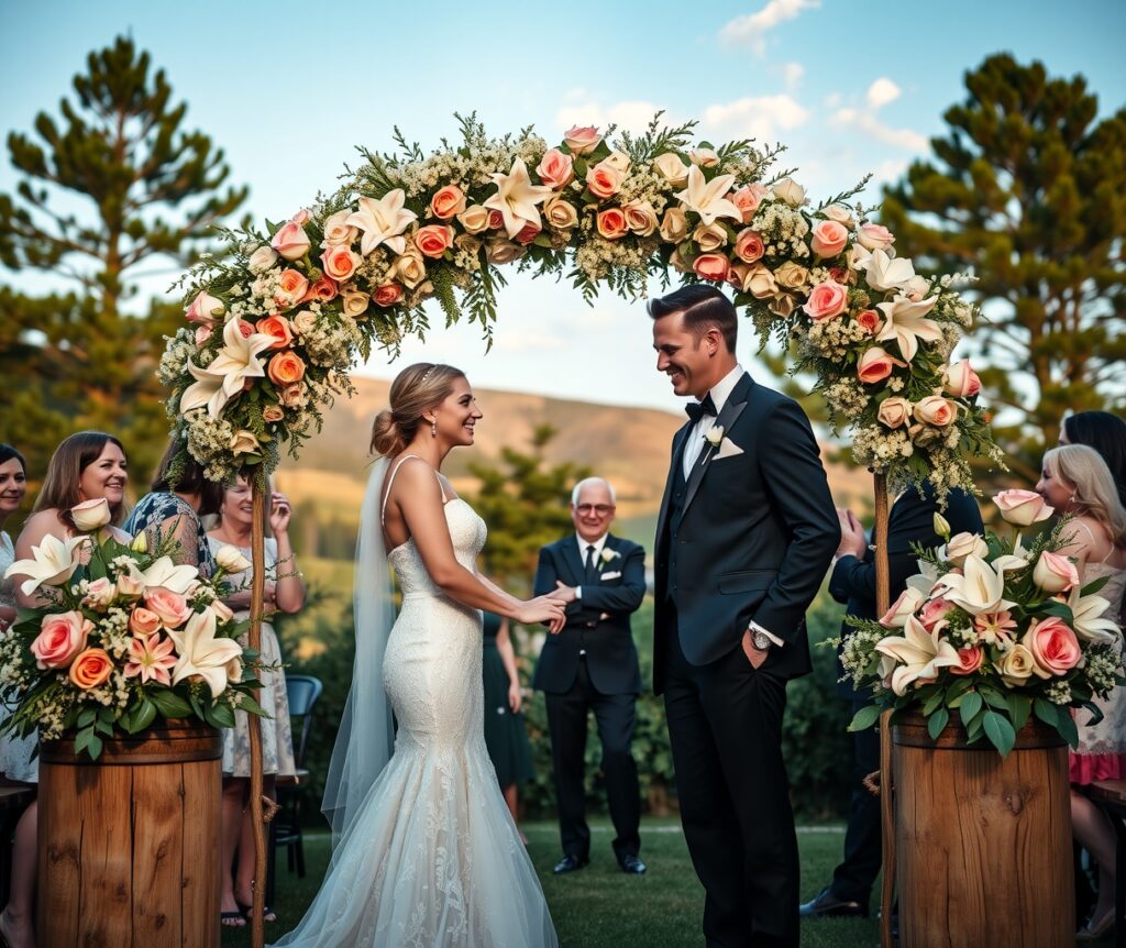 Elegant Wedding Ceremony Under the Arch – free AI stock image