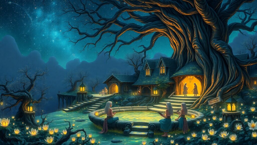 Elven Village Under Starry – free AI stock image