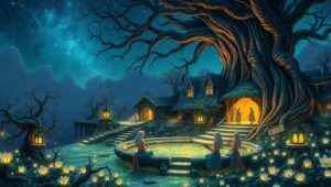 Elven Village Under Starry – free AI stock image