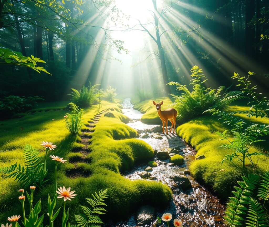 Emerald Forest with Sunlit Glades and Stream – free AI stock image