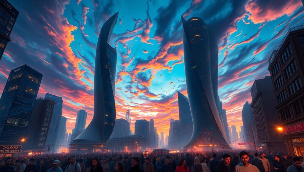 Emotional Dusk Over Distorted City – free AI stock image
