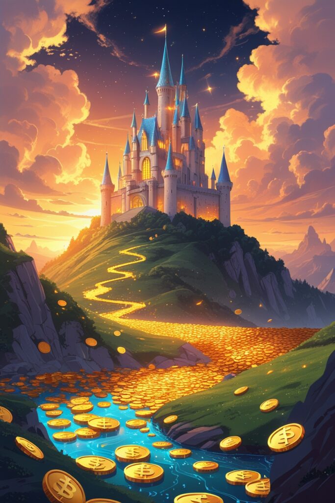 Enchanted Castle Surrounded by Golden Coins – free AI stock image