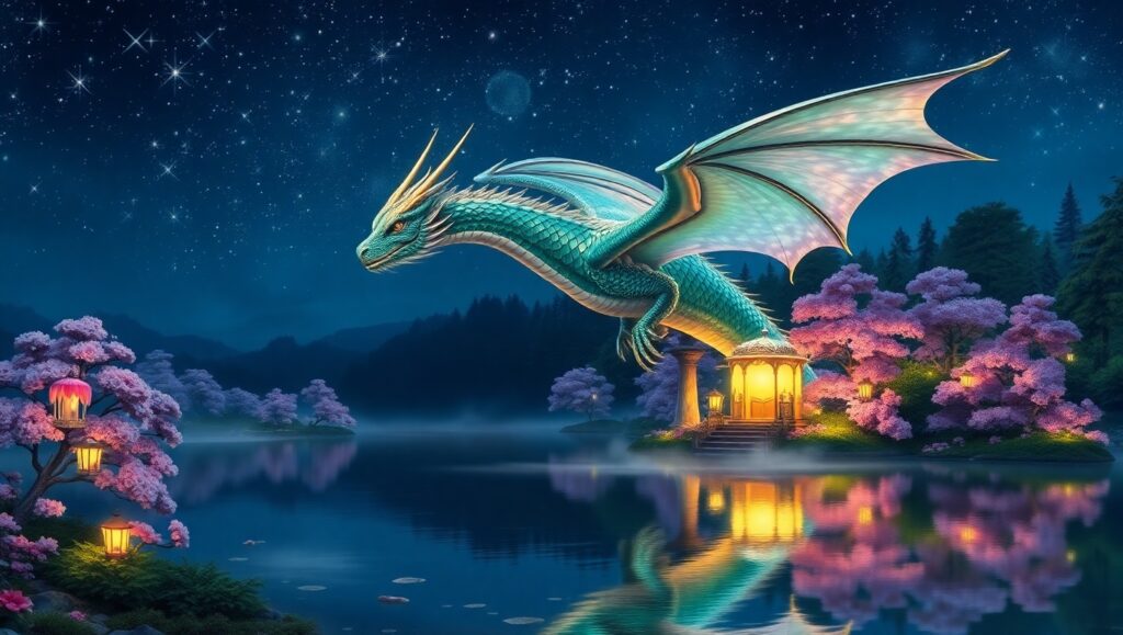 Enchanted Dragon Over Crystal Lake – free AI stock image