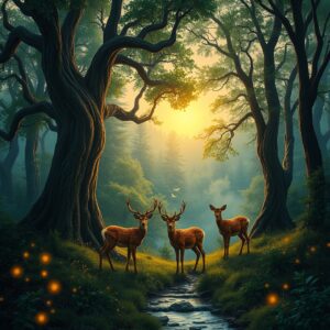 Enchanted Forest at Dusk with Glowing Fireflies Image – free AI stock image