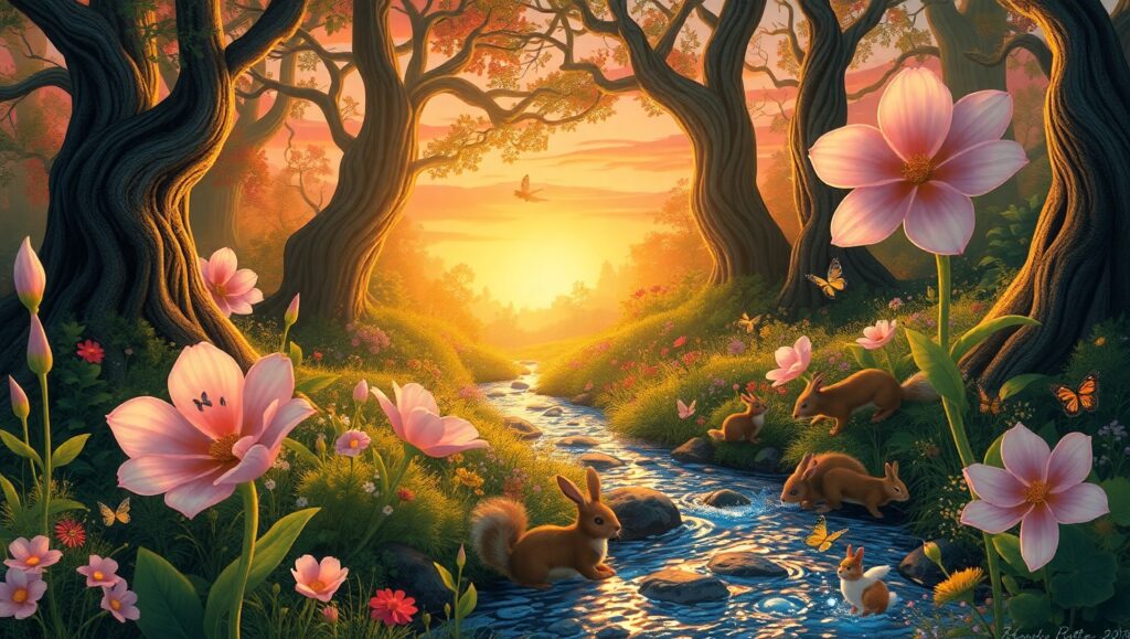 Enchanted Forest at Sunset – free AI stock image