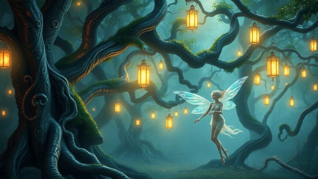 Enchanted Forest of Fairy Lights – free AI stock image