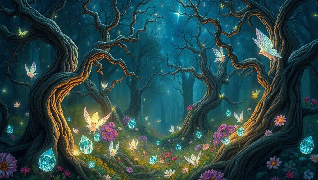 Enchanted Forest of Glowing Creatures – free AI stock image